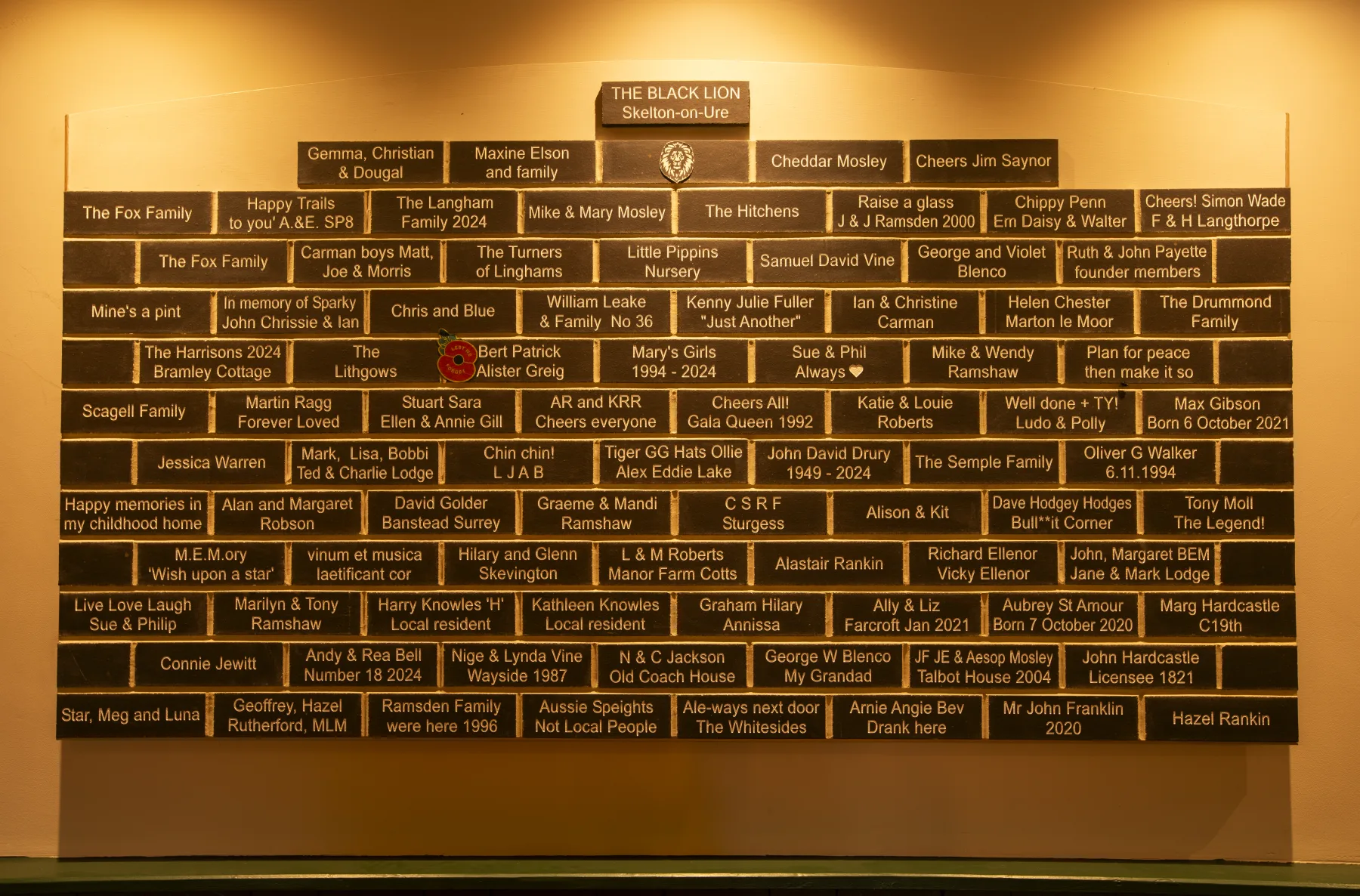 The Black Lion name-brick wall, villagers and supporters who bought the pub back