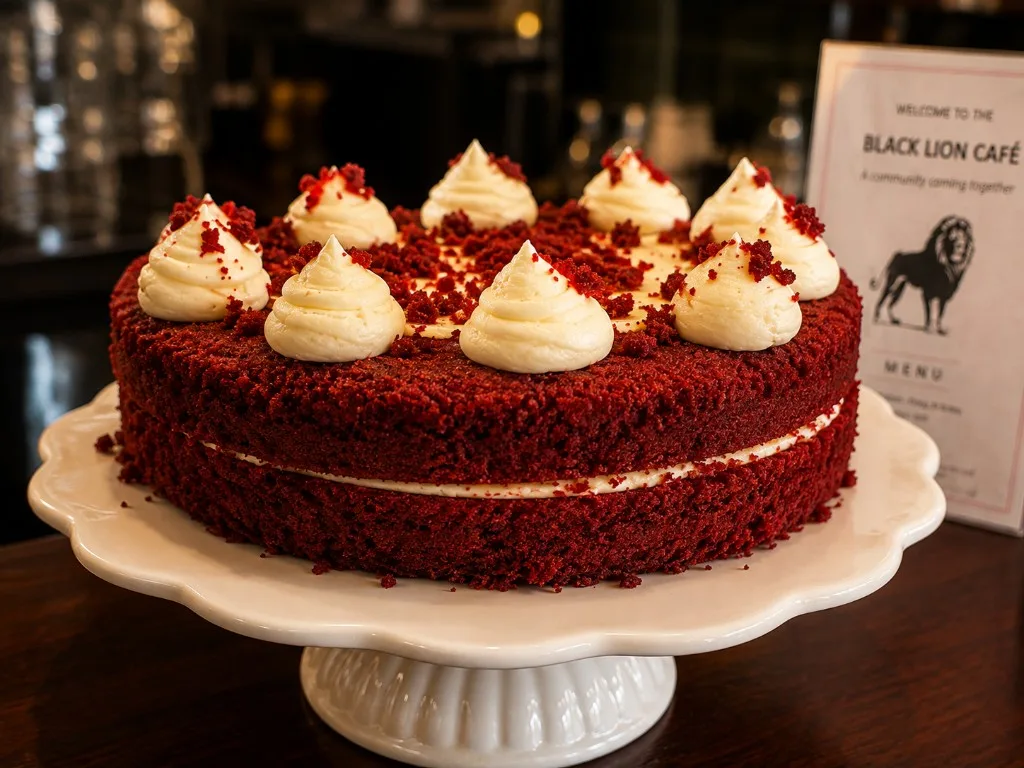 Homemade red velvet cake on the café counter