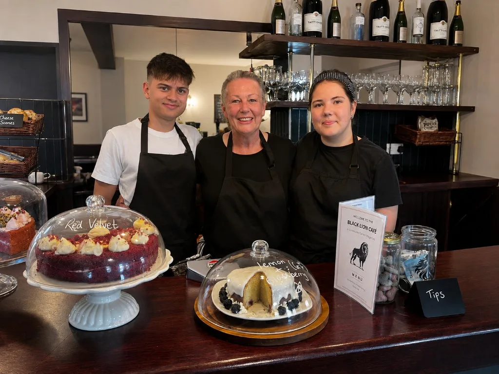 Hugo, Paula and the café team behind the counter at The Black Lion