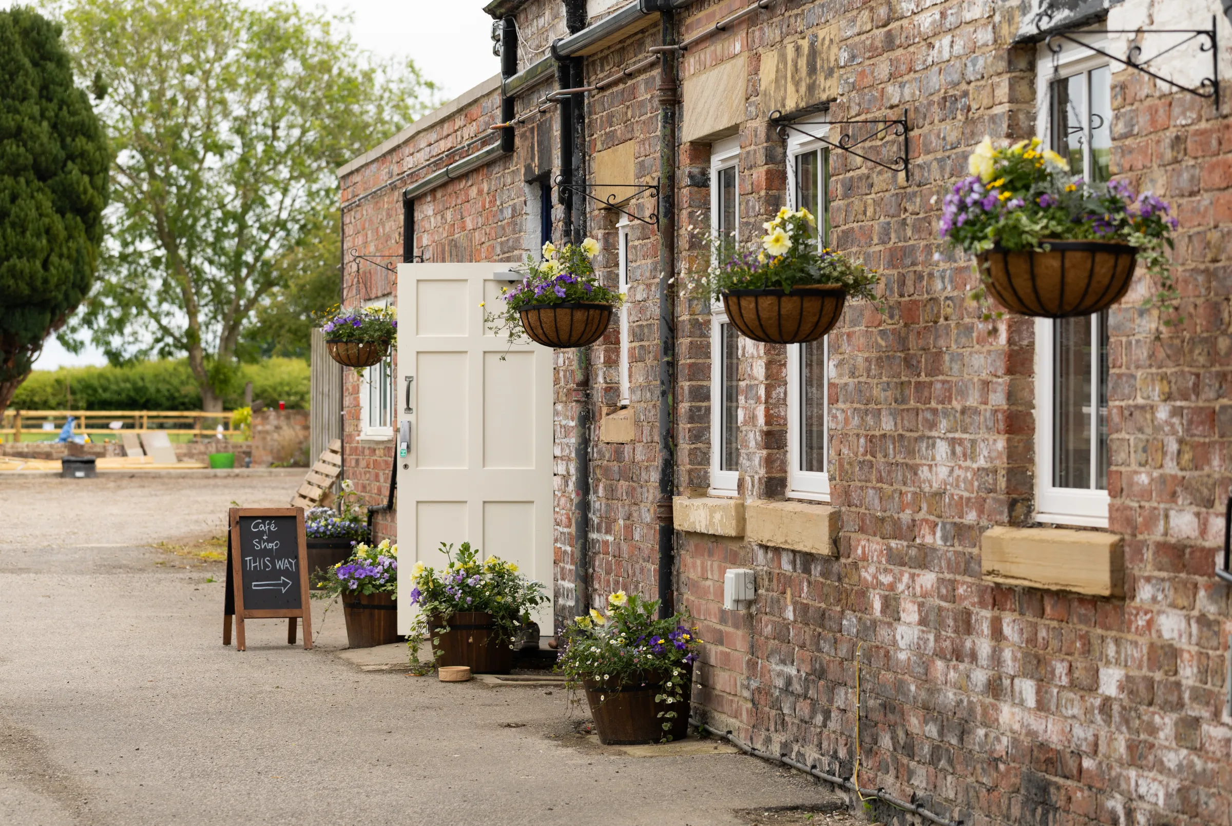 Open café door with hanging baskets, barrel planters and a chalkboard sign