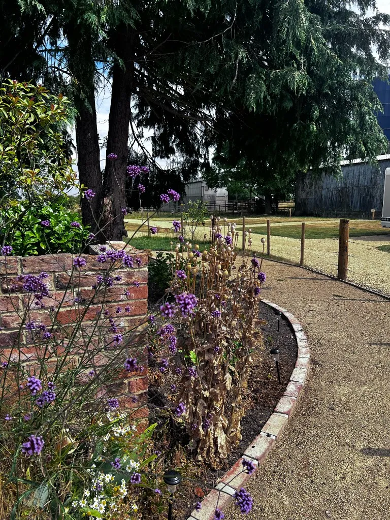 Brick-edged gravel path through the landscaped caravan site gardens