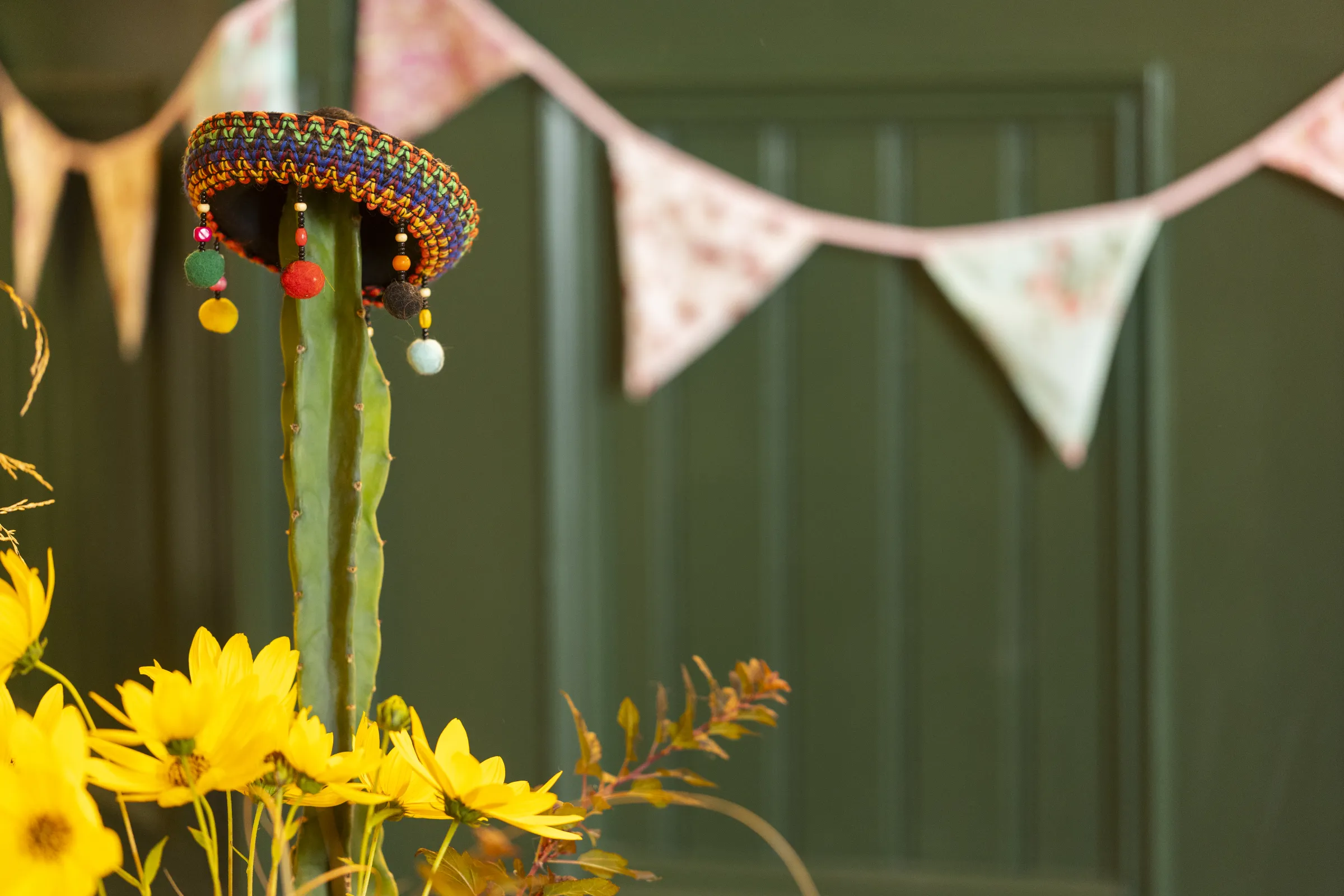 A cactus wearing a beaded sombrero beside yellow flowers and bunting