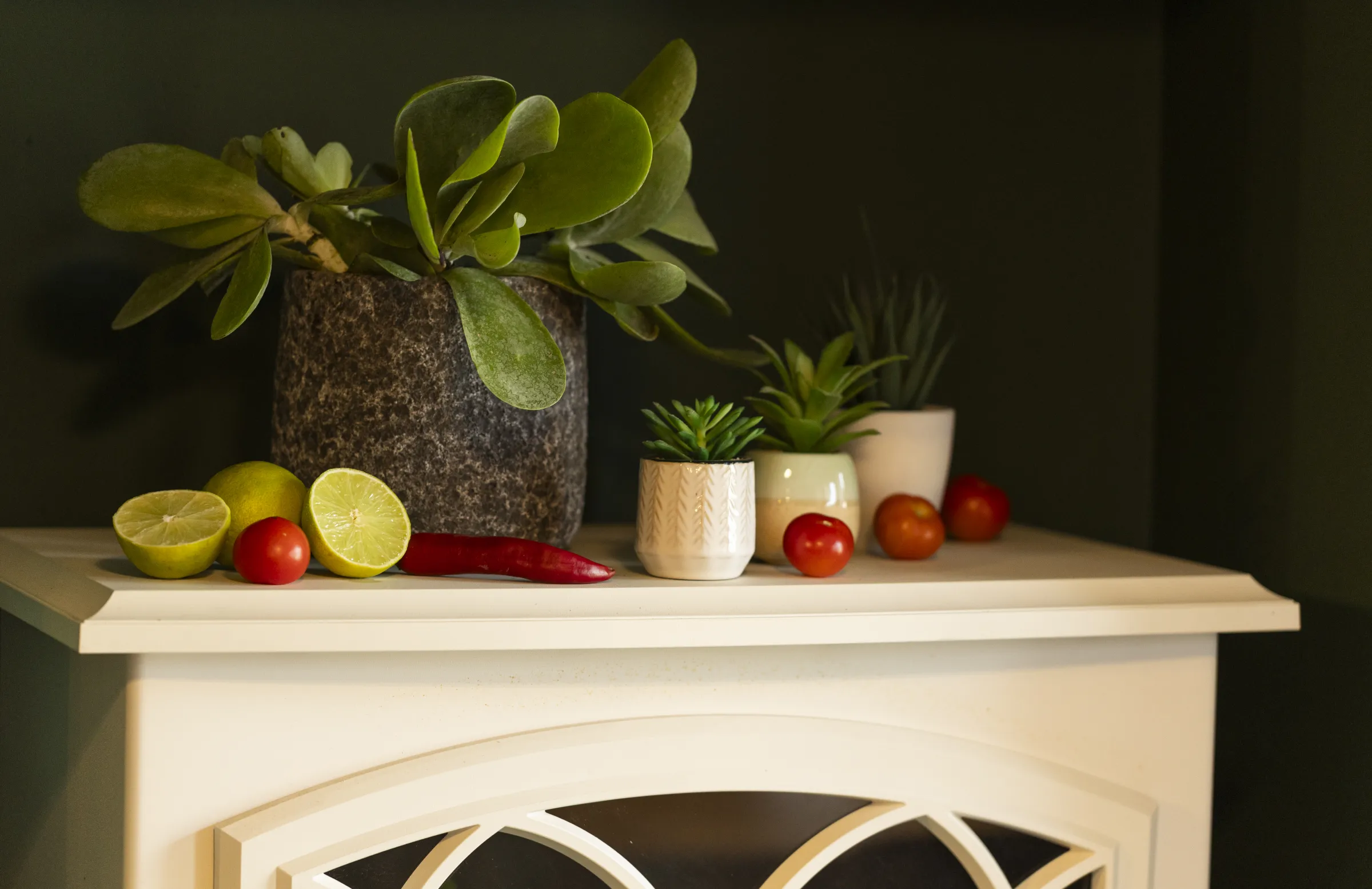 Succulents, limes, chilli and tomatoes arranged on the mantel