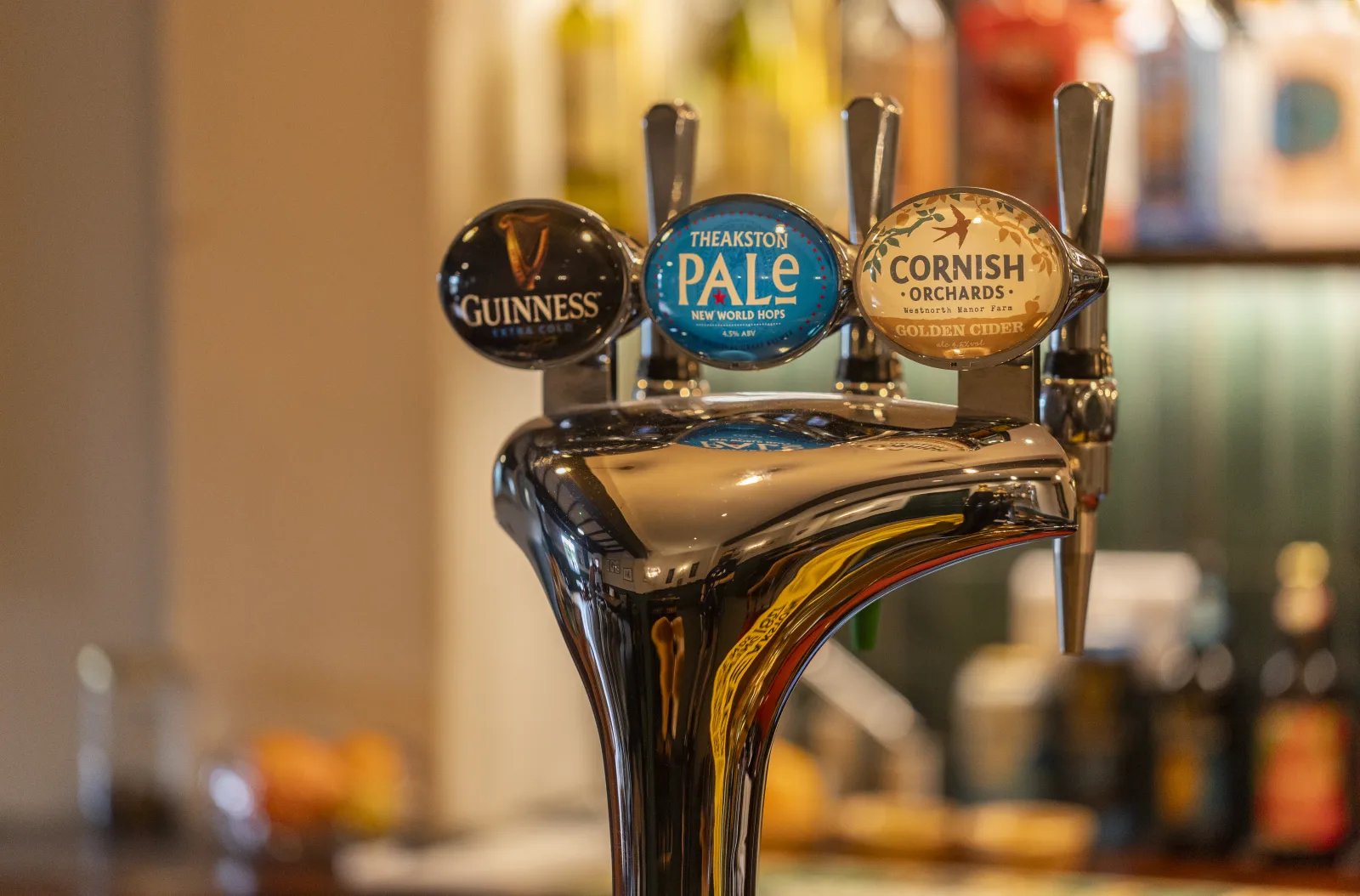Guinness, Theakston Pale and Cornish Orchards draught taps